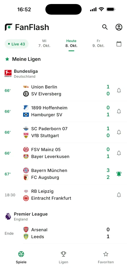 Spielliste mit Live-Ergebnissen
