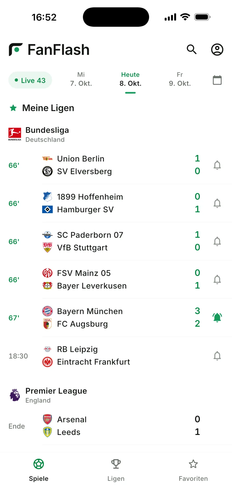 FanFlash-Spielliste mit Live-Ergebnissen aus der Bundesliga