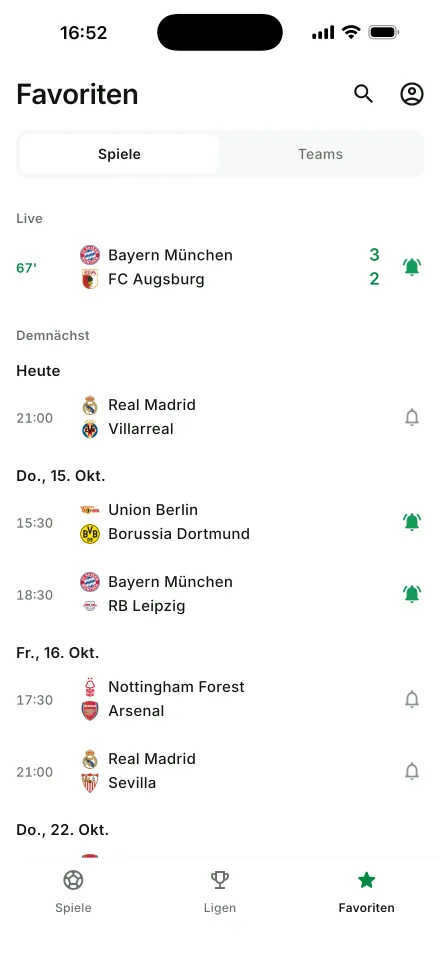 Favorisierte Spiele mit Benachrichtigungsglocken