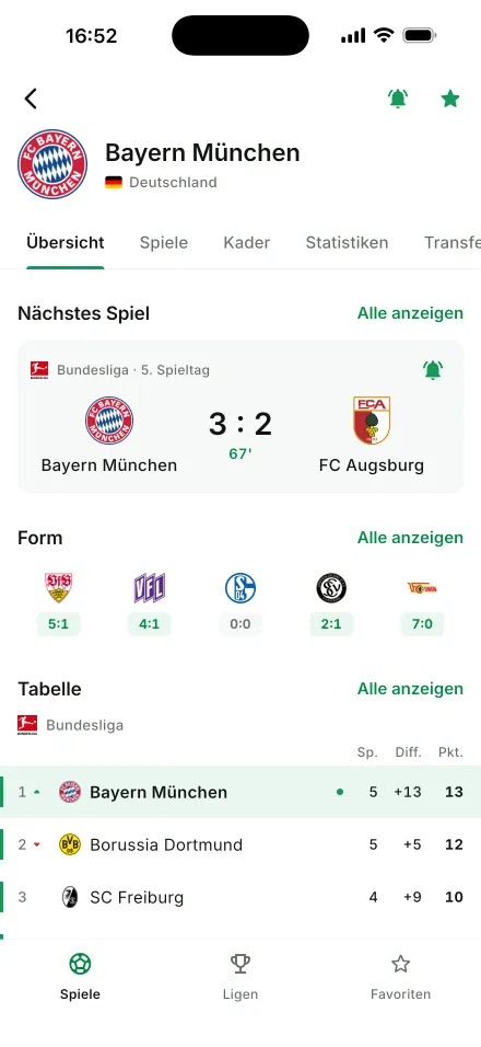 Vereinsseite mit nächstem Spiel, Form und Tabelle