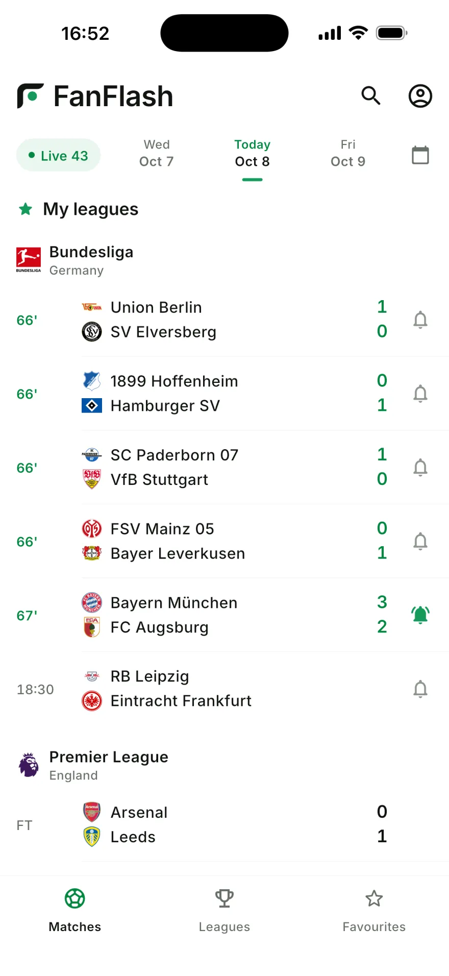FanFlash match list with live scores from the Bundesliga