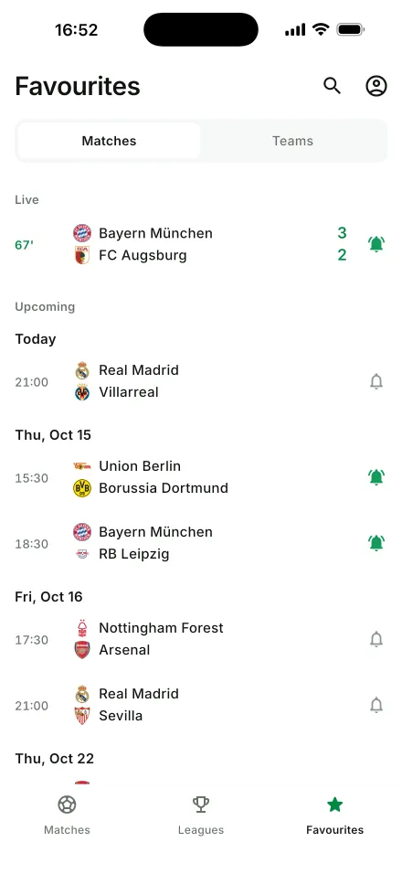 Favourite matches with notification bells