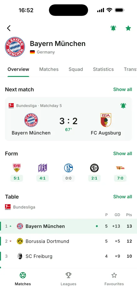Team page with next match, form and table